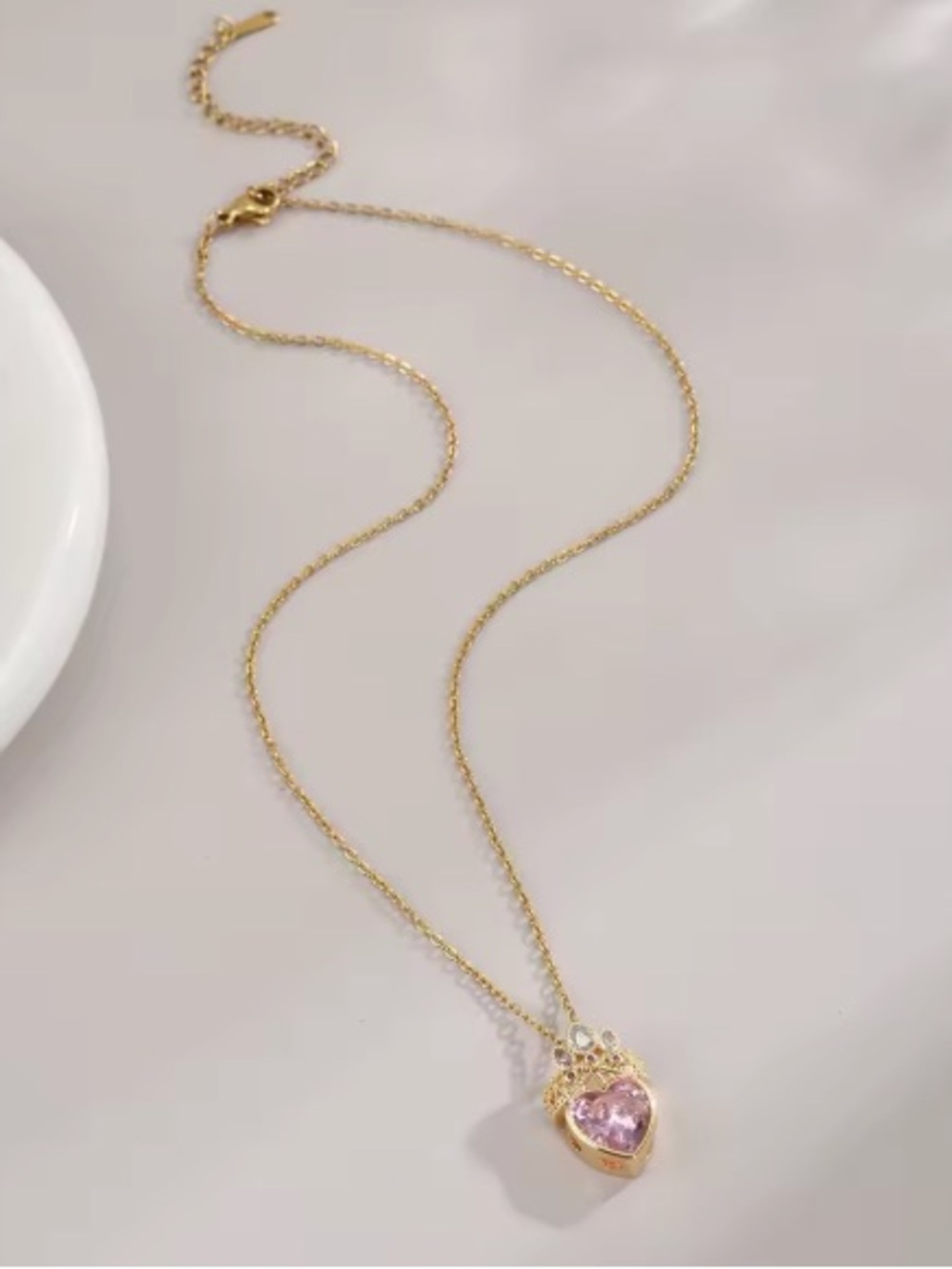 Gold Pink Heart Crown Necklace. - Picture 6 of 7
